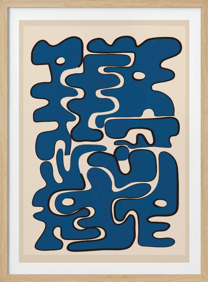 An abstract art print featuring a collection of bold, interlocking blue organic shapes with black outlines, creating a puzzle-like composition on a cream-colored background. The artwork is framed in black. Poster