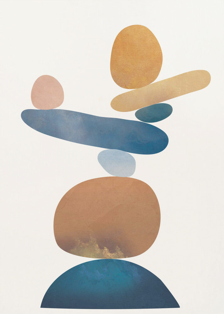 An abstract art print in a thin black frame featuring a stack of colorful, organic shapes resembling balanced stones against a white background. The forms are in various shades of blue, earthy brown, ochre, and a muted pink, creating a sense of calm and equilibrium. Artwork