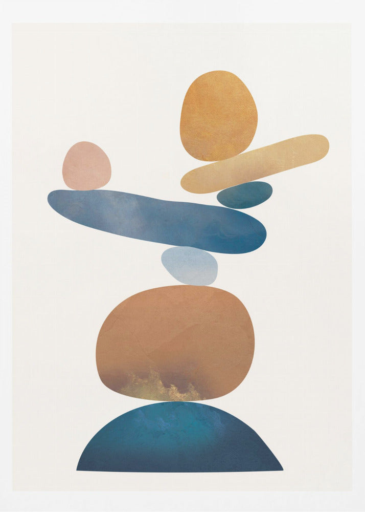 An abstract art print in a thin black frame featuring a stack of colorful, organic shapes resembling balanced stones against a white background. The forms are in various shades of blue, earthy brown, ochre, and a muted pink, creating a sense of calm and equilibrium. Artwork