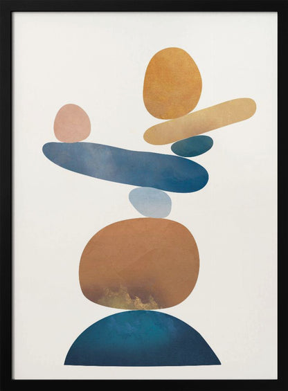 An abstract art print in a thin black frame featuring a stack of colorful, organic shapes resembling balanced stones against a white background. The forms are in various shades of blue, earthy brown, ochre, and a muted pink, creating a sense of calm and equilibrium. Artwork