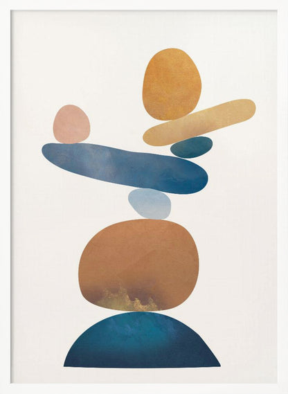 An abstract art print in a thin black frame featuring a stack of colorful, organic shapes resembling balanced stones against a white background. The forms are in various shades of blue, earthy brown, ochre, and a muted pink, creating a sense of calm and equilibrium. Artwork