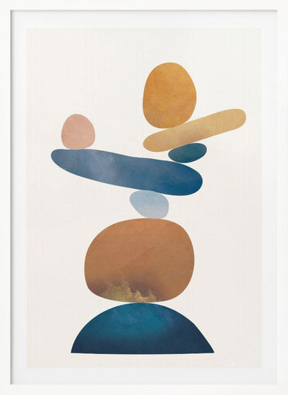 An abstract art print in a thin black frame featuring a stack of colorful, organic shapes resembling balanced stones against a white background. The forms are in various shades of blue, earthy brown, ochre, and a muted pink, creating a sense of calm and equilibrium. Artwork