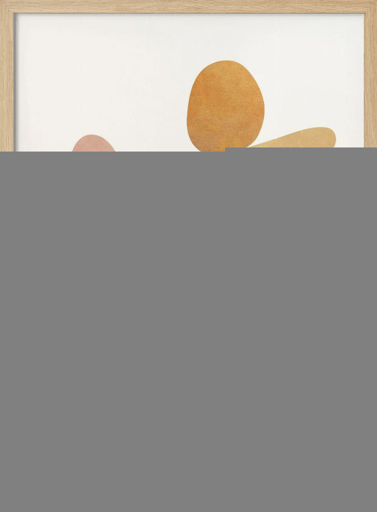 An abstract art print in a thin black frame featuring a stack of colorful, organic shapes resembling balanced stones against a white background. The forms are in various shades of blue, earthy brown, ochre, and a muted pink, creating a sense of calm and equilibrium. Artwork