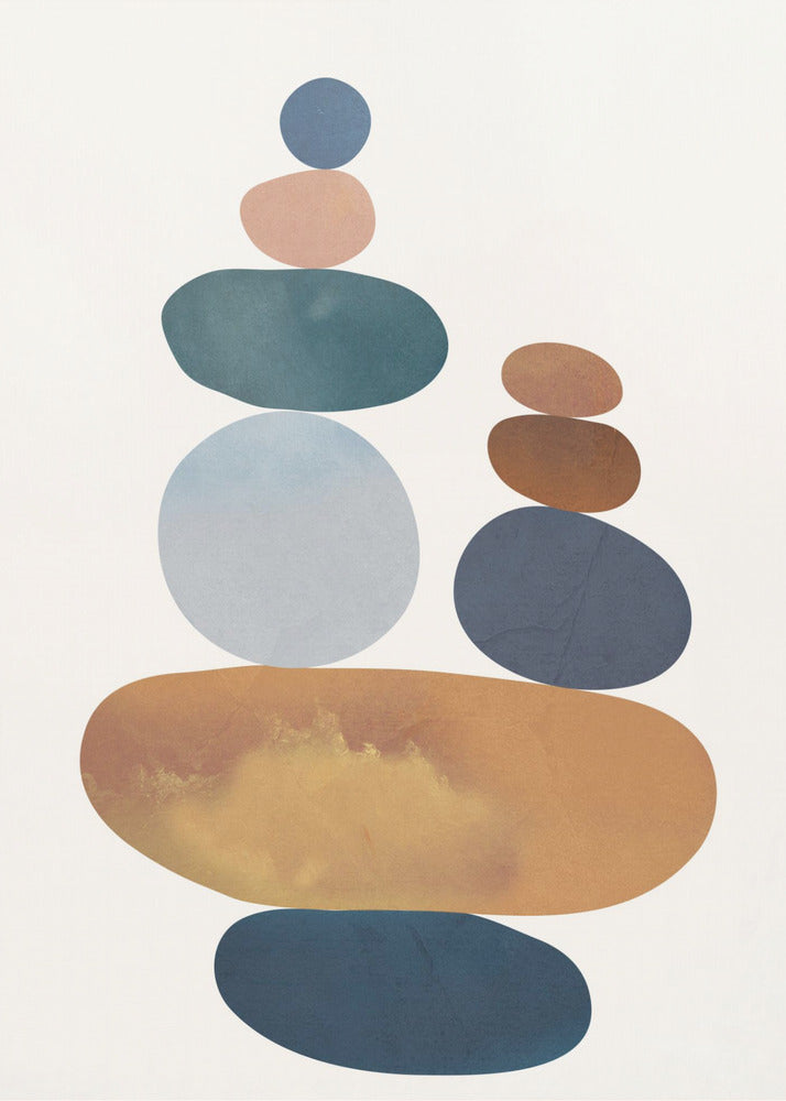 A minimalist abstract painting of two stacks of colorful, smooth stones balanced on top of each other. The color palette includes shades of blue, orange, brown, and pink against a light-colored background, enclosed in a black frame. Print