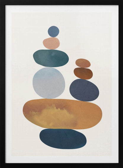 A minimalist abstract painting of two stacks of colorful, smooth stones balanced on top of each other. The color palette includes shades of blue, orange, brown, and pink against a light-colored background, enclosed in a black frame. Print