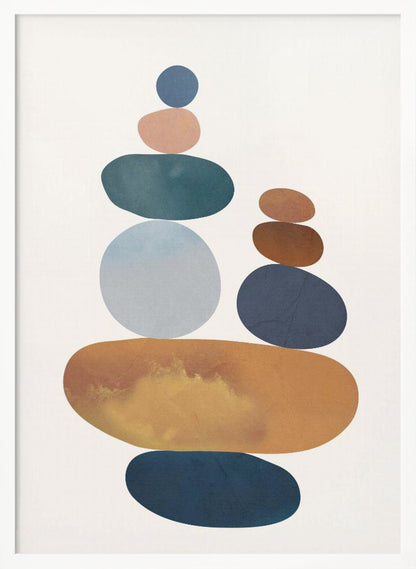 A minimalist abstract painting of two stacks of colorful, smooth stones balanced on top of each other. The color palette includes shades of blue, orange, brown, and pink against a light-colored background, enclosed in a black frame. Print