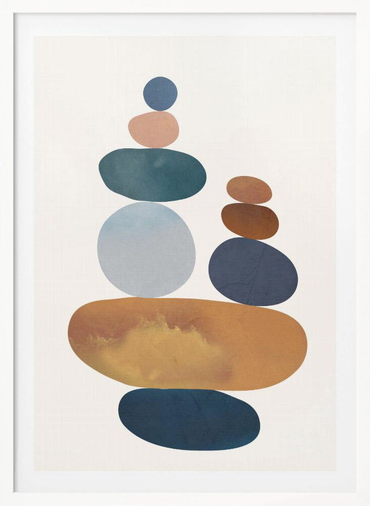 A minimalist abstract painting of two stacks of colorful, smooth stones balanced on top of each other. The color palette includes shades of blue, orange, brown, and pink against a light-colored background, enclosed in a black frame. Print