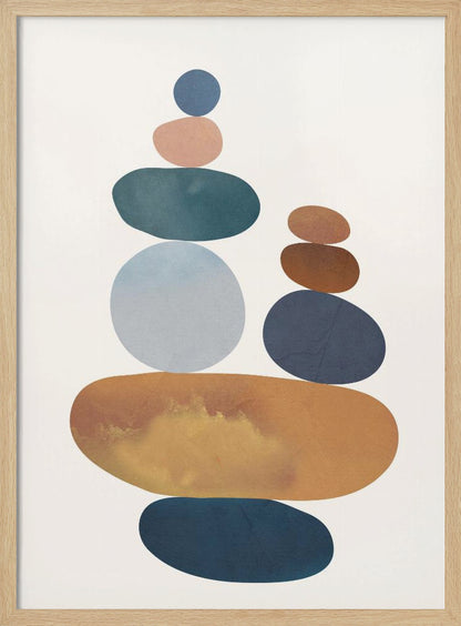 A minimalist abstract painting of two stacks of colorful, smooth stones balanced on top of each other. The color palette includes shades of blue, orange, brown, and pink against a light-colored background, enclosed in a black frame. Print
