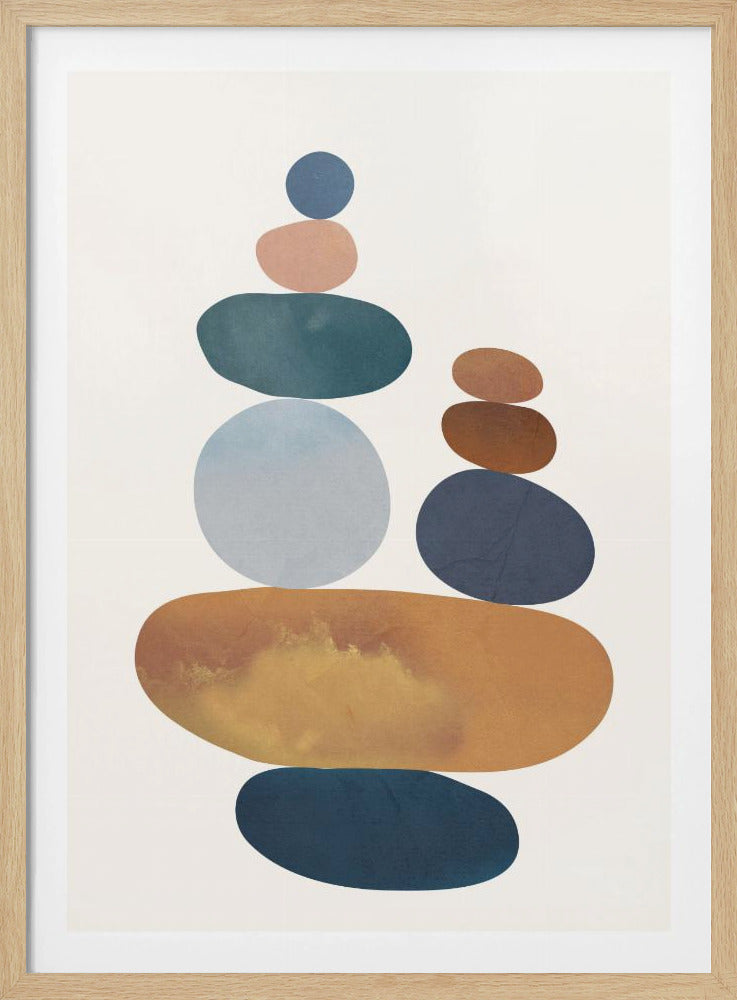 A minimalist abstract painting of two stacks of colorful, smooth stones balanced on top of each other. The color palette includes shades of blue, orange, brown, and pink against a light-colored background, enclosed in a black frame. Print