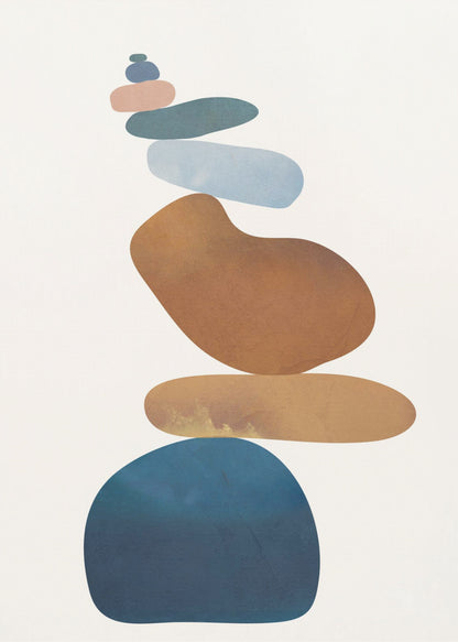 A minimalist abstract painting in a black frame, featuring a precarious stack of colorful, smooth, organic shapes resembling stones against a cream background. The colors range from a large dark blue at the base to brown, ochre, light blue, teal, and pink at the top. Poster