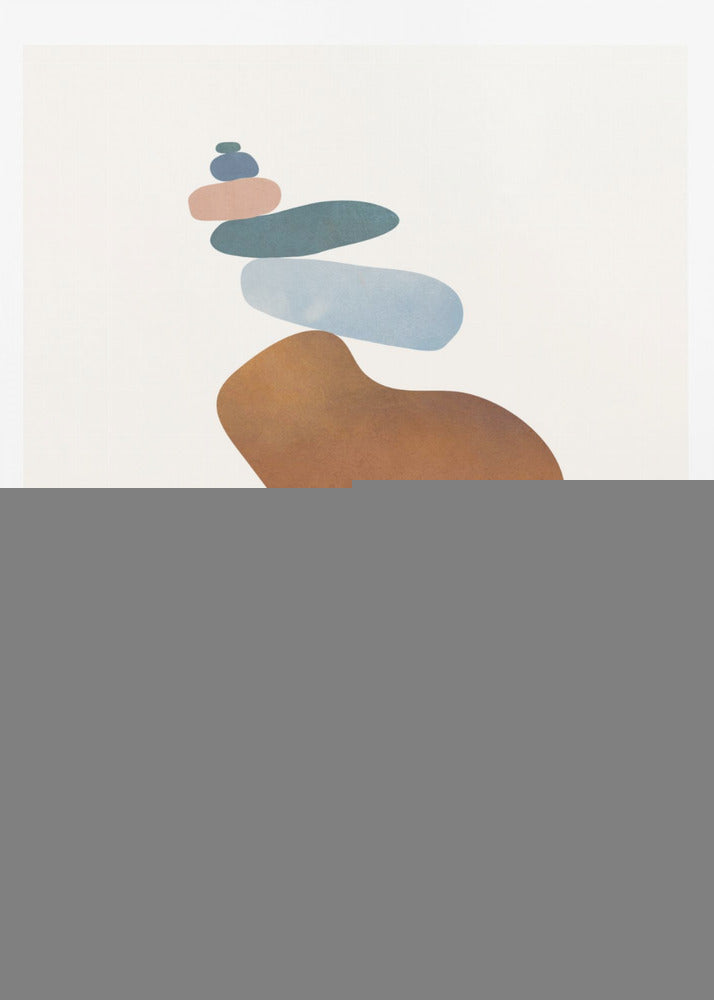 A minimalist abstract painting in a black frame, featuring a precarious stack of colorful, smooth, organic shapes resembling stones against a cream background. The colors range from a large dark blue at the base to brown, ochre, light blue, teal, and pink at the top. Poster