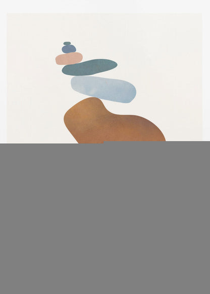 A minimalist abstract painting in a black frame, featuring a precarious stack of colorful, smooth, organic shapes resembling stones against a cream background. The colors range from a large dark blue at the base to brown, ochre, light blue, teal, and pink at the top. Poster