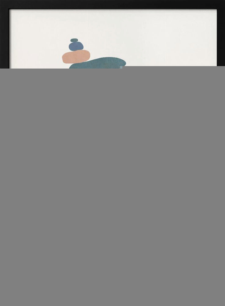 A minimalist abstract painting in a black frame, featuring a precarious stack of colorful, smooth, organic shapes resembling stones against a cream background. The colors range from a large dark blue at the base to brown, ochre, light blue, teal, and pink at the top. Poster