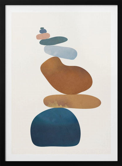 A minimalist abstract painting in a black frame, featuring a precarious stack of colorful, smooth, organic shapes resembling stones against a cream background. The colors range from a large dark blue at the base to brown, ochre, light blue, teal, and pink at the top. Poster