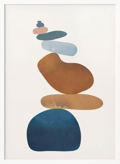 A minimalist abstract painting in a black frame, featuring a precarious stack of colorful, smooth, organic shapes resembling stones against a cream background. The colors range from a large dark blue at the base to brown, ochre, light blue, teal, and pink at the top. Poster