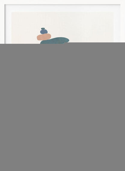 A minimalist abstract painting in a black frame, featuring a precarious stack of colorful, smooth, organic shapes resembling stones against a cream background. The colors range from a large dark blue at the base to brown, ochre, light blue, teal, and pink at the top. Poster