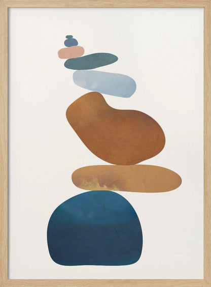 A minimalist abstract painting in a black frame, featuring a precarious stack of colorful, smooth, organic shapes resembling stones against a cream background. The colors range from a large dark blue at the base to brown, ochre, light blue, teal, and pink at the top. Poster