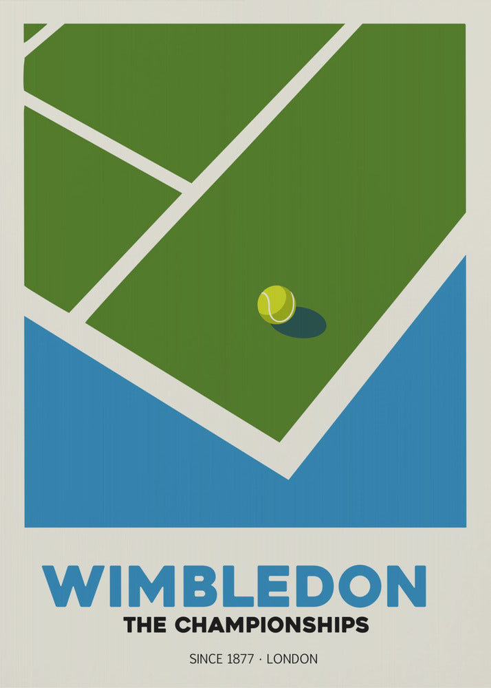 A minimalist art poster for the Wimbledon tennis championships. It features a stylized, high-angle view of a green grass court with white lines and a single tennis ball. The poster has text at the bottom that reads 'WIMBLEDON THE CHAMPIONSHIPS SINCE 1877 - LONDON' in blue and black font against a cream background. Poster