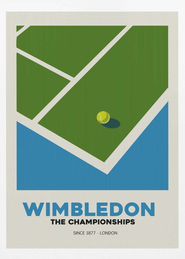 A minimalist art poster for the Wimbledon tennis championships. It features a stylized, high-angle view of a green grass court with white lines and a single tennis ball. The poster has text at the bottom that reads 'WIMBLEDON THE CHAMPIONSHIPS SINCE 1877 - LONDON' in blue and black font against a cream background. Poster