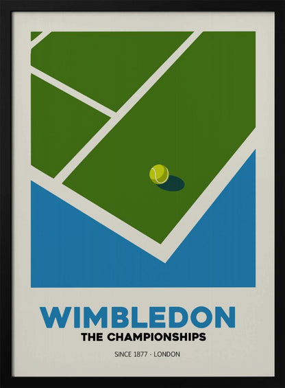 A minimalist art poster for the Wimbledon tennis championships. It features a stylized, high-angle view of a green grass court with white lines and a single tennis ball. The poster has text at the bottom that reads 'WIMBLEDON THE CHAMPIONSHIPS SINCE 1877 - LONDON' in blue and black font against a cream background. Poster
