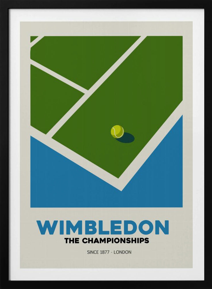 A minimalist art poster for the Wimbledon tennis championships. It features a stylized, high-angle view of a green grass court with white lines and a single tennis ball. The poster has text at the bottom that reads 'WIMBLEDON THE CHAMPIONSHIPS SINCE 1877 - LONDON' in blue and black font against a cream background. Poster