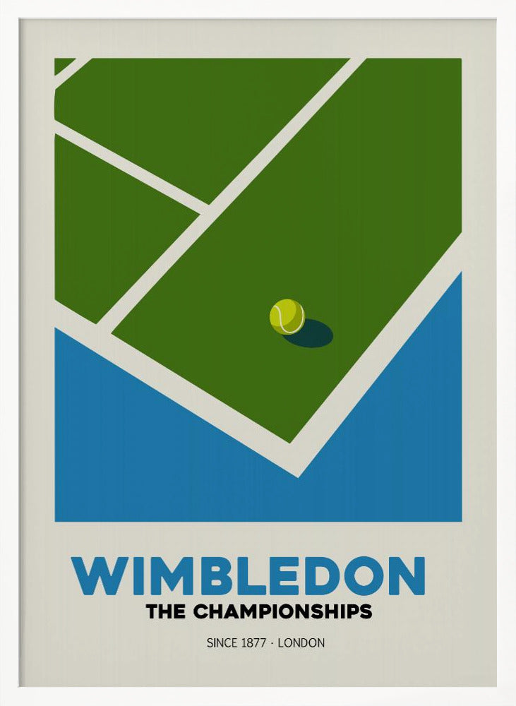 A minimalist art poster for the Wimbledon tennis championships. It features a stylized, high-angle view of a green grass court with white lines and a single tennis ball. The poster has text at the bottom that reads 'WIMBLEDON THE CHAMPIONSHIPS SINCE 1877 - LONDON' in blue and black font against a cream background. Poster