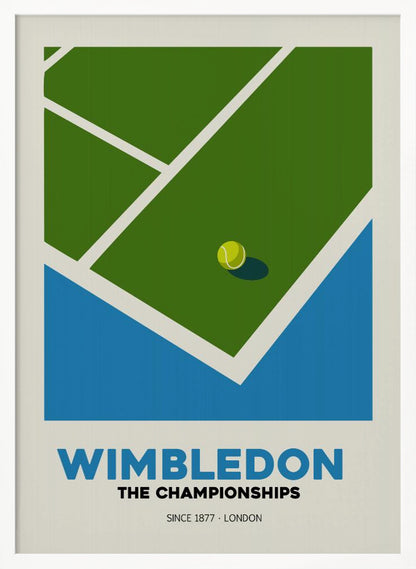 A minimalist art poster for the Wimbledon tennis championships. It features a stylized, high-angle view of a green grass court with white lines and a single tennis ball. The poster has text at the bottom that reads 'WIMBLEDON THE CHAMPIONSHIPS SINCE 1877 - LONDON' in blue and black font against a cream background. Poster
