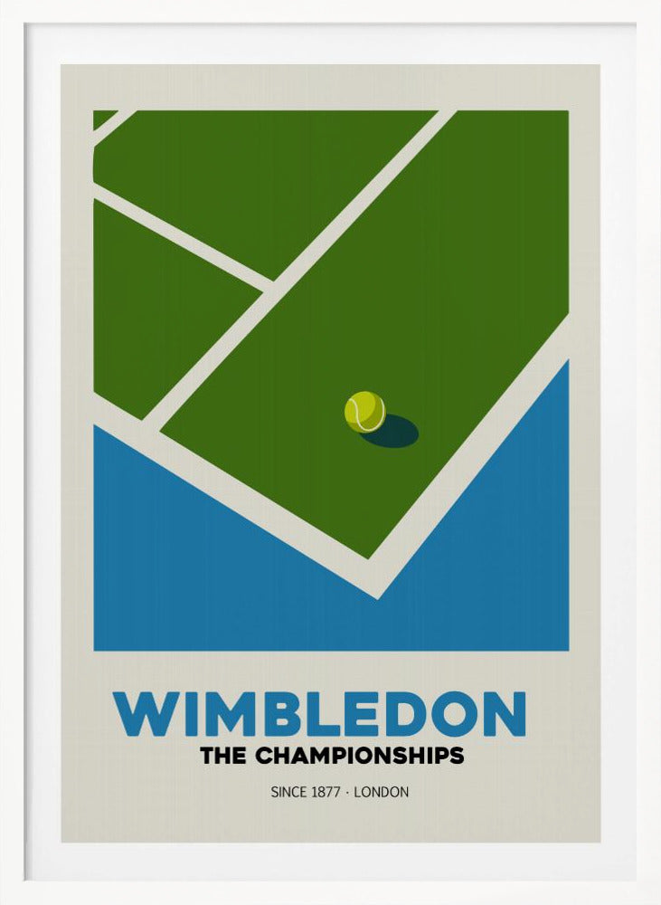 A minimalist art poster for the Wimbledon tennis championships. It features a stylized, high-angle view of a green grass court with white lines and a single tennis ball. The poster has text at the bottom that reads 'WIMBLEDON THE CHAMPIONSHIPS SINCE 1877 - LONDON' in blue and black font against a cream background. Poster