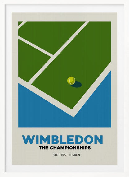 A minimalist art poster for the Wimbledon tennis championships. It features a stylized, high-angle view of a green grass court with white lines and a single tennis ball. The poster has text at the bottom that reads 'WIMBLEDON THE CHAMPIONSHIPS SINCE 1877 - LONDON' in blue and black font against a cream background. Poster