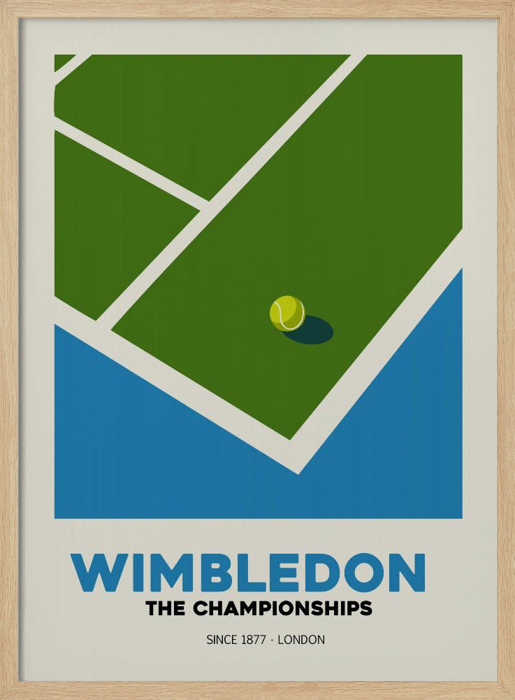 A minimalist art poster for the Wimbledon tennis championships. It features a stylized, high-angle view of a green grass court with white lines and a single tennis ball. The poster has text at the bottom that reads 'WIMBLEDON THE CHAMPIONSHIPS SINCE 1877 - LONDON' in blue and black font against a cream background. Poster