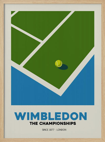 A minimalist art poster for the Wimbledon tennis championships. It features a stylized, high-angle view of a green grass court with white lines and a single tennis ball. The poster has text at the bottom that reads 'WIMBLEDON THE CHAMPIONSHIPS SINCE 1877 - LONDON' in blue and black font against a cream background. Poster