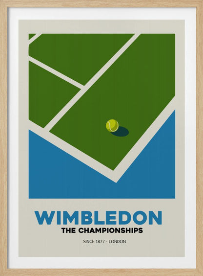 A minimalist art poster for the Wimbledon tennis championships. It features a stylized, high-angle view of a green grass court with white lines and a single tennis ball. The poster has text at the bottom that reads 'WIMBLEDON THE CHAMPIONSHIPS SINCE 1877 - LONDON' in blue and black font against a cream background. Poster