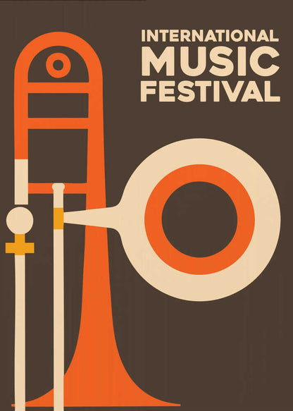 A vintage-style poster for an International Music Festival, featuring a minimalist graphic illustration of a trombone in orange and cream against a dark brown background. The text is in a cream-colored sans-serif font in the upper right. Poster