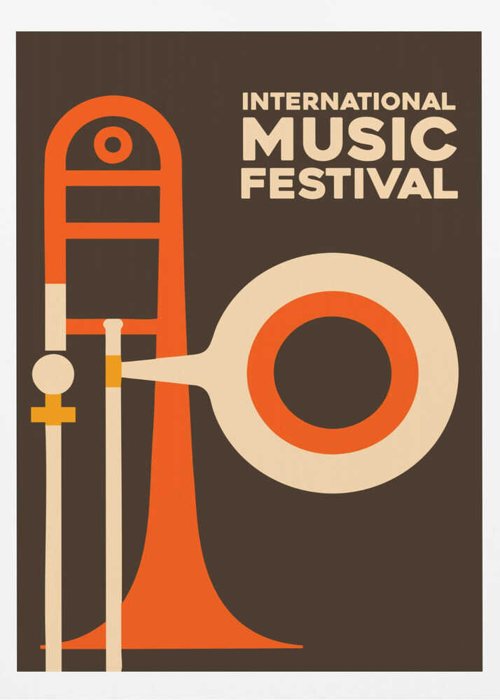 A vintage-style poster for an International Music Festival, featuring a minimalist graphic illustration of a trombone in orange and cream against a dark brown background. The text is in a cream-colored sans-serif font in the upper right. Poster