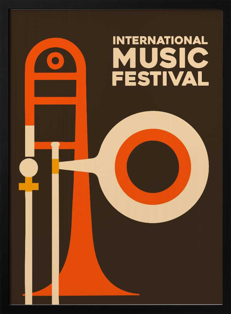 A vintage-style poster for an International Music Festival, featuring a minimalist graphic illustration of a trombone in orange and cream against a dark brown background. The text is in a cream-colored sans-serif font in the upper right. Poster