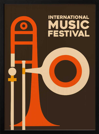 A vintage-style poster for an International Music Festival, featuring a minimalist graphic illustration of a trombone in orange and cream against a dark brown background. The text is in a cream-colored sans-serif font in the upper right. Poster
