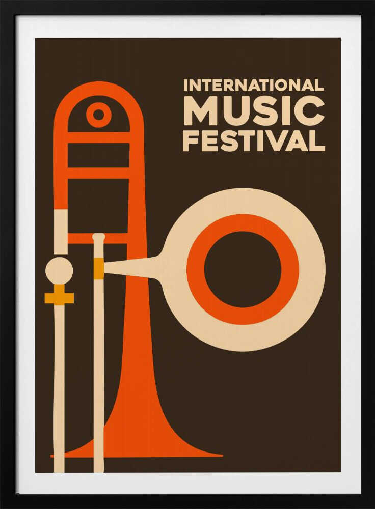 A vintage-style poster for an International Music Festival, featuring a minimalist graphic illustration of a trombone in orange and cream against a dark brown background. The text is in a cream-colored sans-serif font in the upper right. Poster
