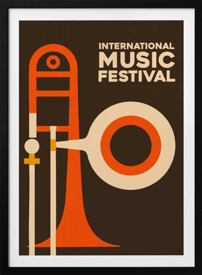 A vintage-style poster for an International Music Festival, featuring a minimalist graphic illustration of a trombone in orange and cream against a dark brown background. The text is in a cream-colored sans-serif font in the upper right. Poster