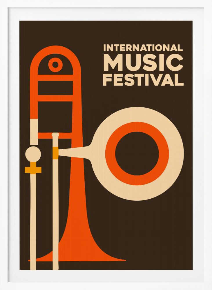 A vintage-style poster for an International Music Festival, featuring a minimalist graphic illustration of a trombone in orange and cream against a dark brown background. The text is in a cream-colored sans-serif font in the upper right. Poster