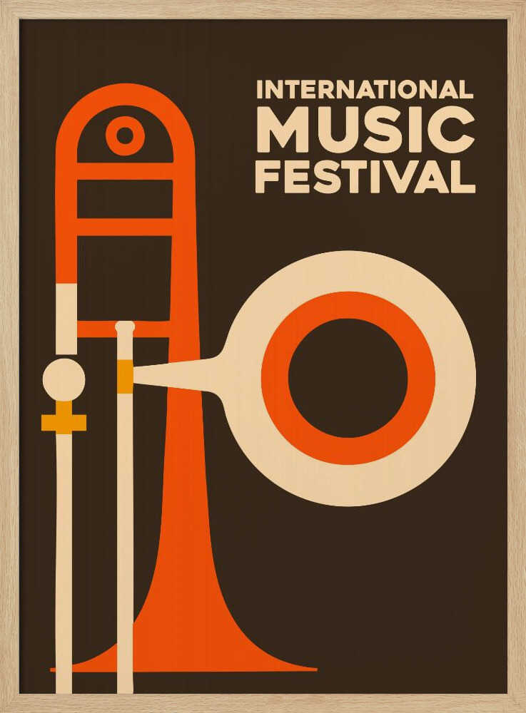 A vintage-style poster for an International Music Festival, featuring a minimalist graphic illustration of a trombone in orange and cream against a dark brown background. The text is in a cream-colored sans-serif font in the upper right. Poster