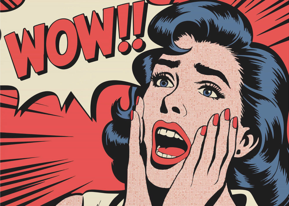 A pop art comic book panel of a woman with blue hair and red lipstick looking shocked, with her hands on her cheeks and mouth open. Behind her, a red speech bubble exclaims 'WOW!!'. Decor