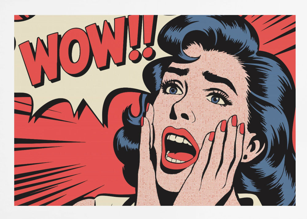 A pop art comic book panel of a woman with blue hair and red lipstick looking shocked, with her hands on her cheeks and mouth open. Behind her, a red speech bubble exclaims 'WOW!!'. Decor