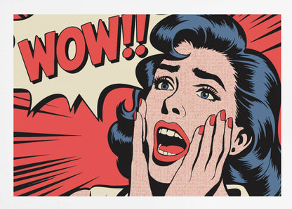 A pop art comic book panel of a woman with blue hair and red lipstick looking shocked, with her hands on her cheeks and mouth open. Behind her, a red speech bubble exclaims 'WOW!!'. Decor