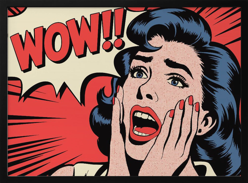 A pop art comic book panel of a woman with blue hair and red lipstick looking shocked, with her hands on her cheeks and mouth open. Behind her, a red speech bubble exclaims 'WOW!!'. Decor