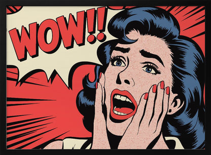 A pop art comic book panel of a woman with blue hair and red lipstick looking shocked, with her hands on her cheeks and mouth open. Behind her, a red speech bubble exclaims 'WOW!!'. Decor
