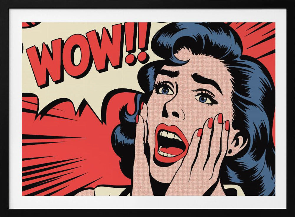 A pop art comic book panel of a woman with blue hair and red lipstick looking shocked, with her hands on her cheeks and mouth open. Behind her, a red speech bubble exclaims 'WOW!!'. Decor