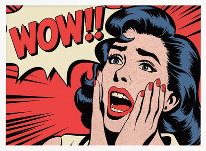 A pop art comic book panel of a woman with blue hair and red lipstick looking shocked, with her hands on her cheeks and mouth open. Behind her, a red speech bubble exclaims 'WOW!!'. Decor