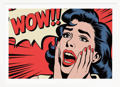 A pop art comic book panel of a woman with blue hair and red lipstick looking shocked, with her hands on her cheeks and mouth open. Behind her, a red speech bubble exclaims 'WOW!!'. Decor