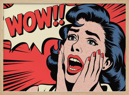 A pop art comic book panel of a woman with blue hair and red lipstick looking shocked, with her hands on her cheeks and mouth open. Behind her, a red speech bubble exclaims 'WOW!!'. Decor