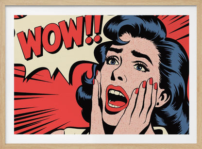 A pop art comic book panel of a woman with blue hair and red lipstick looking shocked, with her hands on her cheeks and mouth open. Behind her, a red speech bubble exclaims 'WOW!!'. Decor